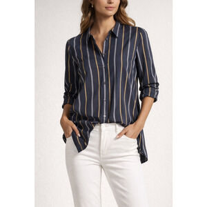 Women’s Lafayette 148 Brayden Riverside Stripe Tunic Button Up Shirt Blue Medium